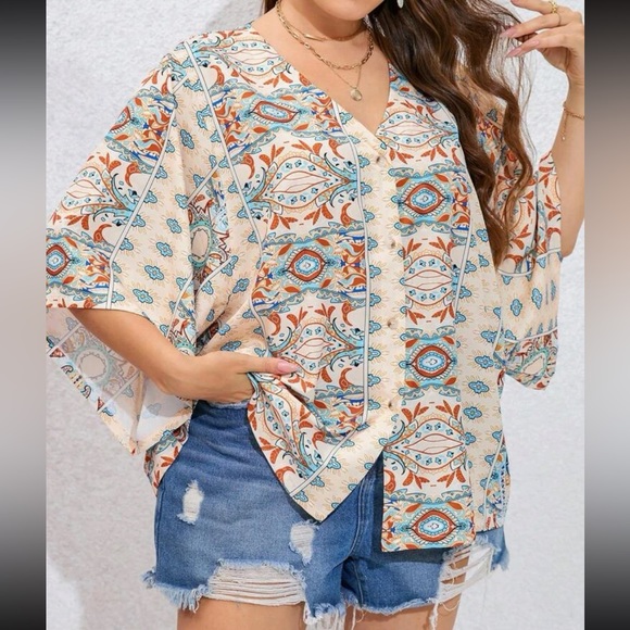 Boho Plus Size Floral Paisley Print Batwing Sleeve Top Blouse Shirt - Picture 5 of 6